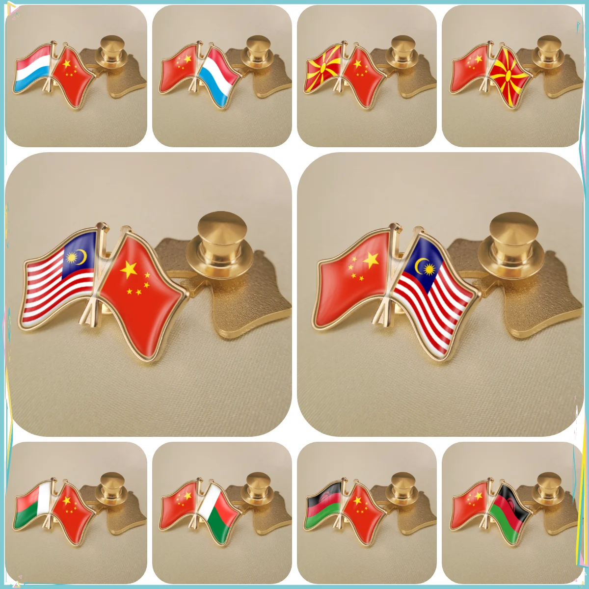 China and Luxembourg Macedonia Madagascar Malawi Malaysia Crossed Double Friendship Flags Lapel Pins Brooch Badges