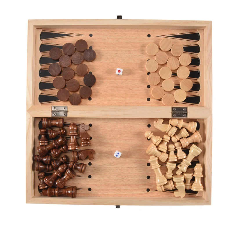 3 In 1 Wooden International Chess Set Board Travel Games Chess Backgammon Draughts Entertainment