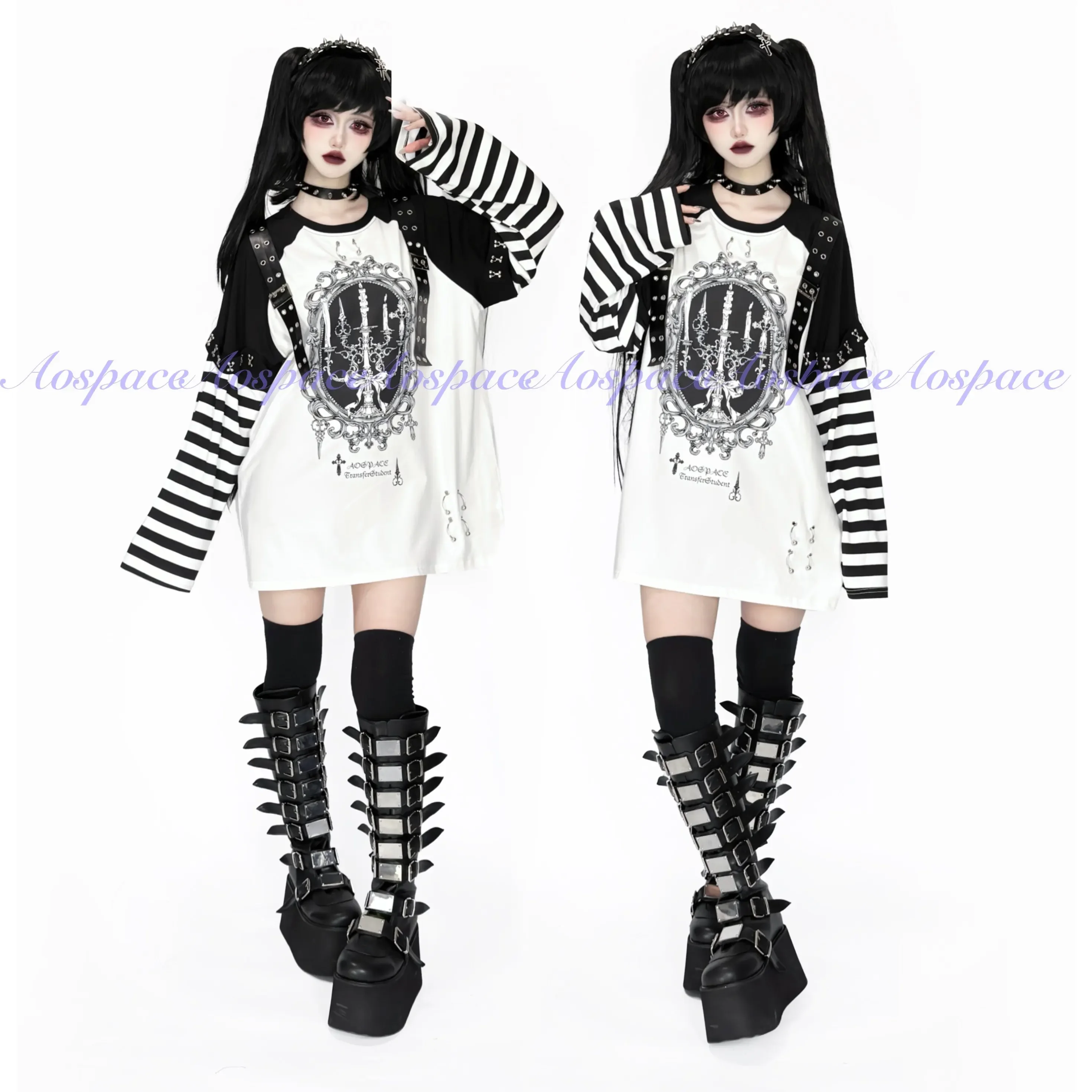 Subculture Gothic Oversize Loose Striped Long Sleeve T-Shirt Spring 2026 Sweet Cool Print Top Girls Harajuku Aesthetic Clothing