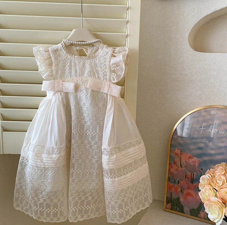 New Baby Summer Girls Fairy Lace Bow Flower Dress, Princess Kids Sweet Fashion Party Dresses  3-7 T