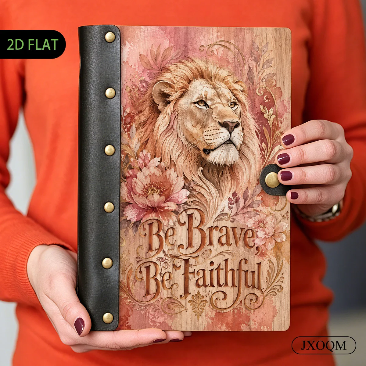 1PC Lion Be Brave Be Faithful Floral Wooden Hardcover Loose Leaf Notebook, 2D Flat Vintage Style, 6-Hole Metal Ring Binder
