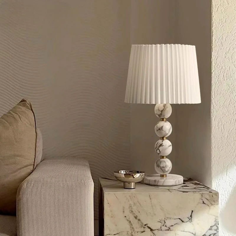 Modern Marble Table Lamp Pleated Fabric Shade Desk Light Gold Accent Bedside Fixture Bedroom Living Room Dining Hotel Home Decor