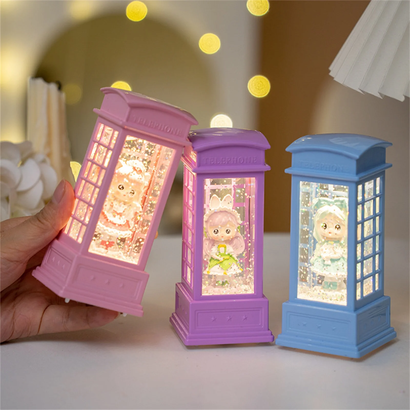 Cabine de telefone cheia de água para meninas, luz de vento, decoração de natal, cabine de telefone luminosa, luz noturna criativa, presentes de natal