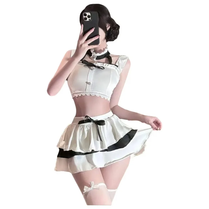 Sweet And Cool Girly Top With Small Flutter Sleeves Short Bow Skirt Petite Outfit For Female Skirt Sets Pure Desire Playful
