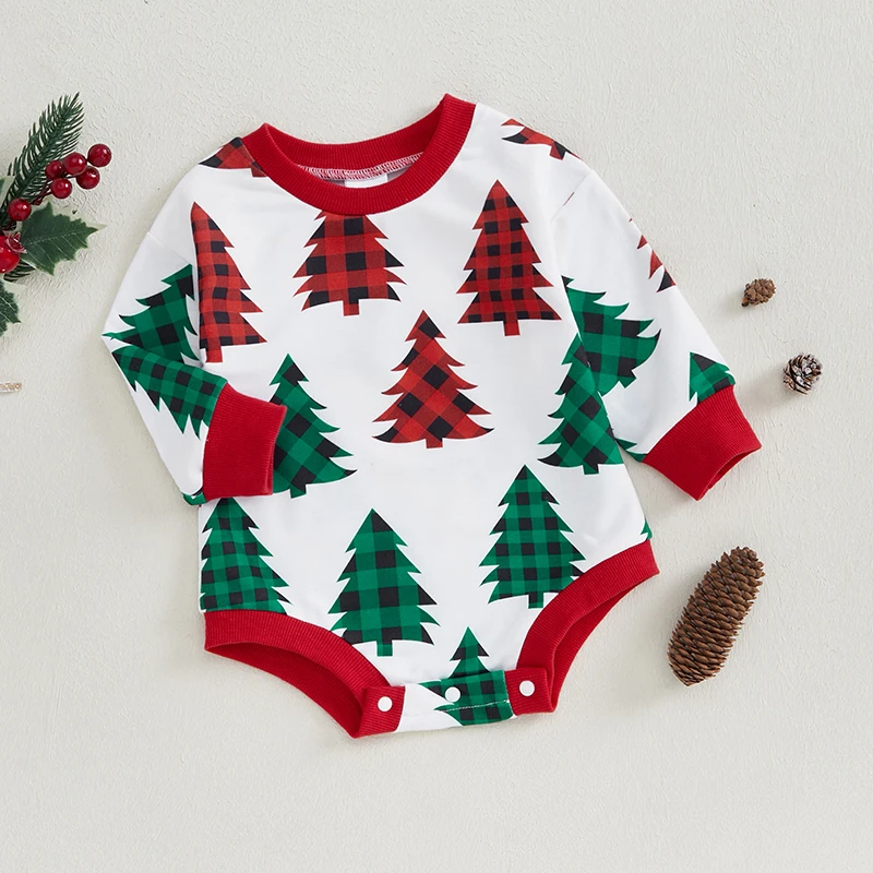 Baby Christmas Bubble Romper Christmas Tree Plaid Print Long Sleeve Crew Neck Sweatshirt Jumpsuit Xmas Baby Bodysuits Clothes