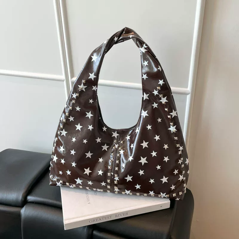 

Black Star Print Tote Bag Large Capacity Glossy One Shoulder Bag for Women Streetwear Sweet Cool Spicy Girls Casual Handbag