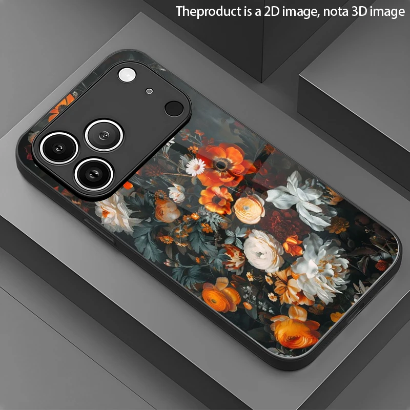 Retro Floral Pattern 2D Phone Case for iPhone 17/16/15/14/13/12/11/X/XR/XS Max/Pro/8 plus - Glass Protective Cover