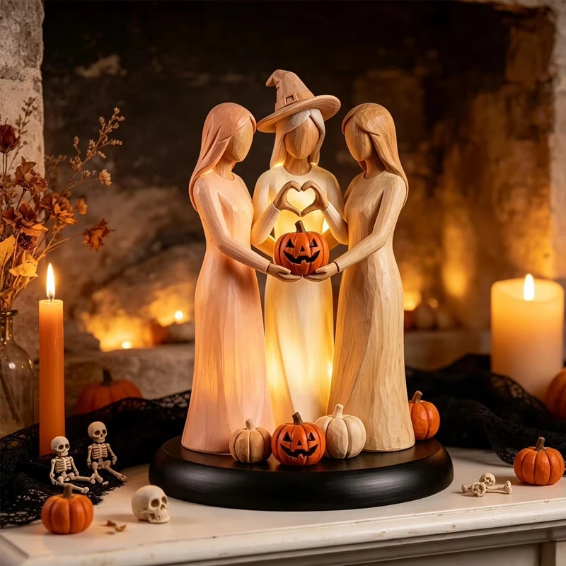 Lighted Sisters Figurine Glowing Witch Sisters Statue Warm Lamp Ornament Halloween Home Desk Party Decor Crafts