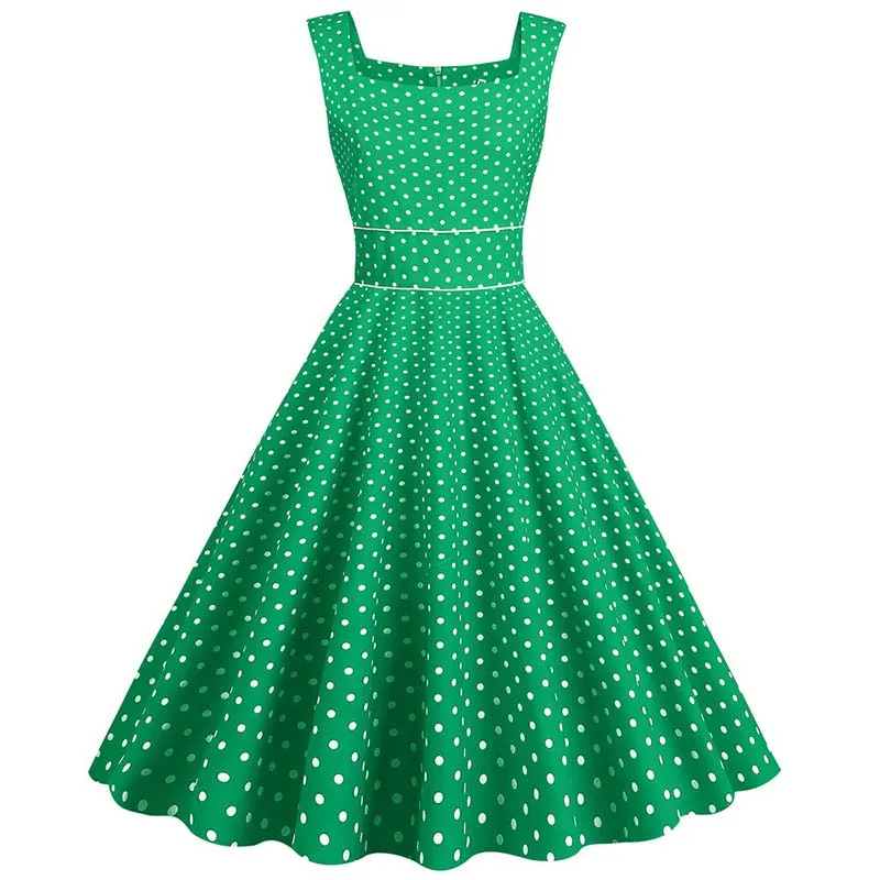 Vintage Women Summer Dress Spaghetti Strap Polka Dot Print A-line Party Dress Casual Elegant Ladies Midi Sundress