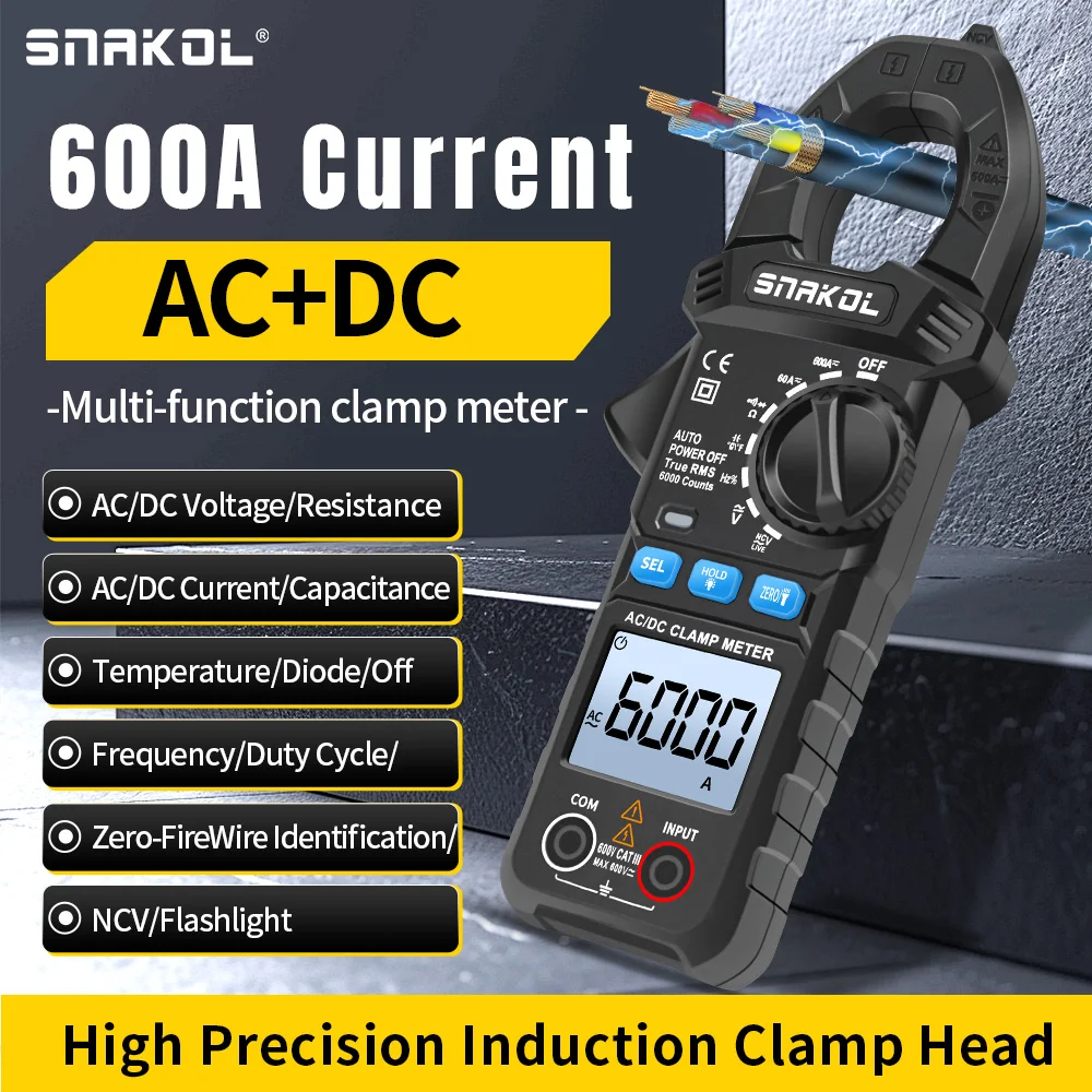 SNAKOL Intelligent Clamp Meter 600A AC/DC Current/RMS 35mm Large Diameter Clamp Head Backlight + Flashlight Dual Illumination