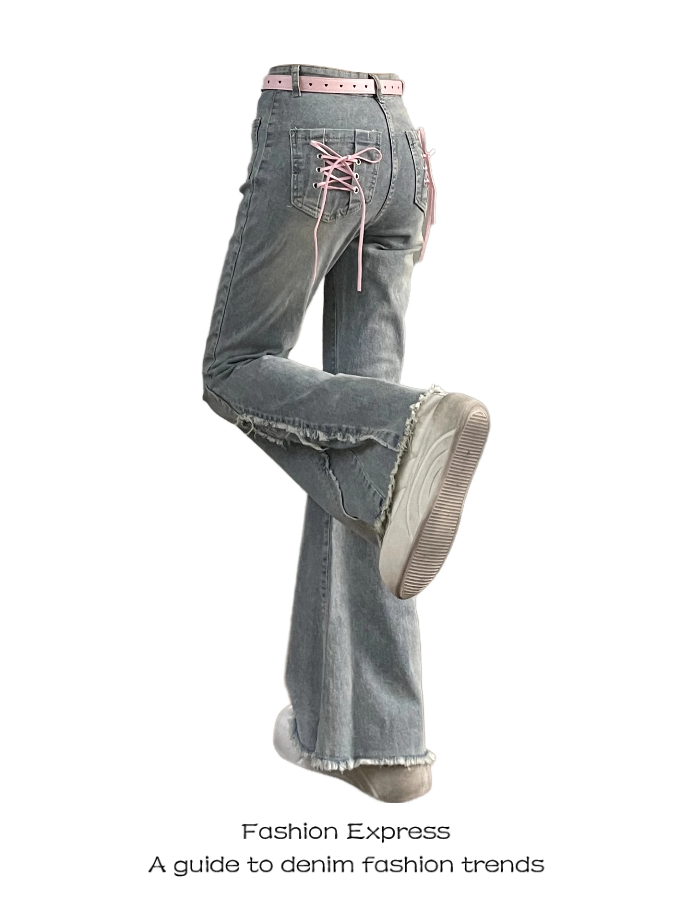 

Sweet Faion High Waist Slimming Design Sense Waed Casual Micro Flared Wide Leg Jeans Women's Spring Autumn Belted Denim
