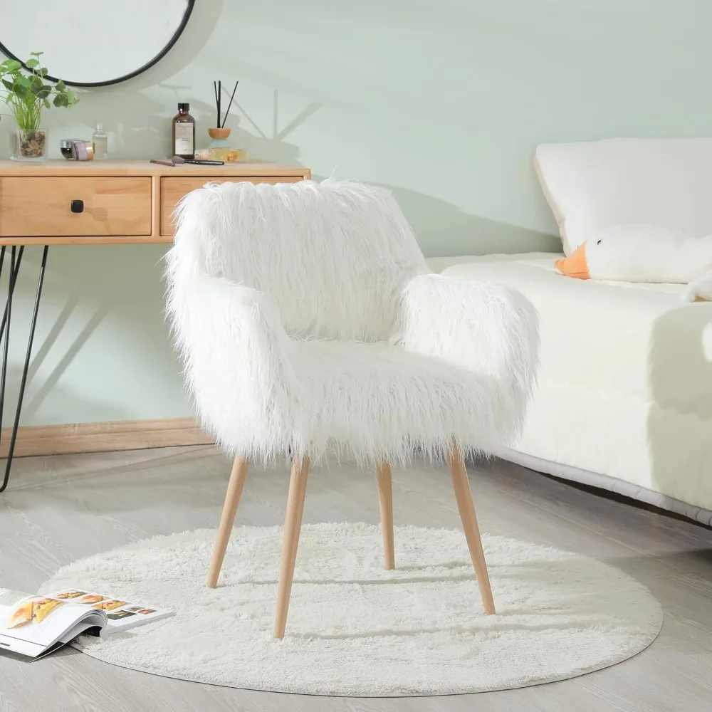 

White Desk Chair with Wood-Like Metal Legs,Fluffy Faux Fur Vanity Chair for Living Room,Bedroom