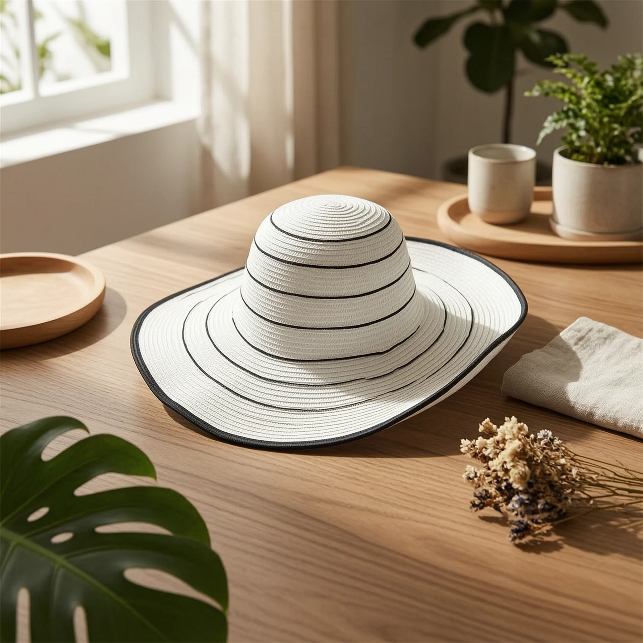 Hat-Shaped Vase Textured Vase with Black Stripe Flower Holder High-Contrast Nordic for Tabletop, Living Room