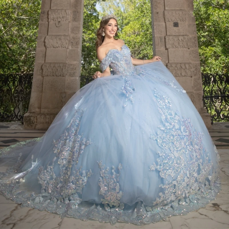 

Sky Blue Quinceanera Dresses Off The Shoulder Applique Lace Beads Bow Tull Party Birthday Sweet 16 Dress Vestidos 15 De Anos