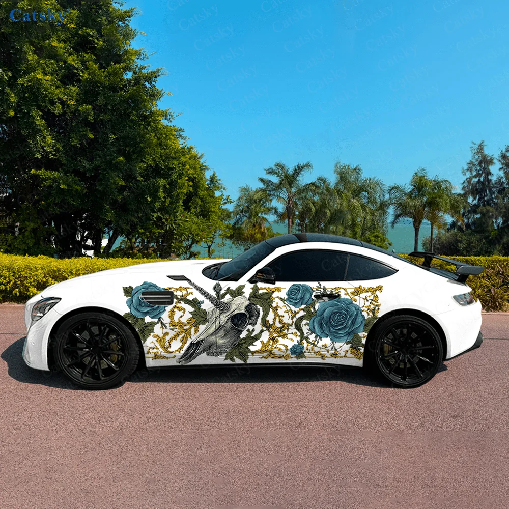 

Horned Skull Flower Car Vinyl Wraps Decal Self-adhesive PVC Sticker Suitable for Trucks SUV Decoration Auto Accessories Gift