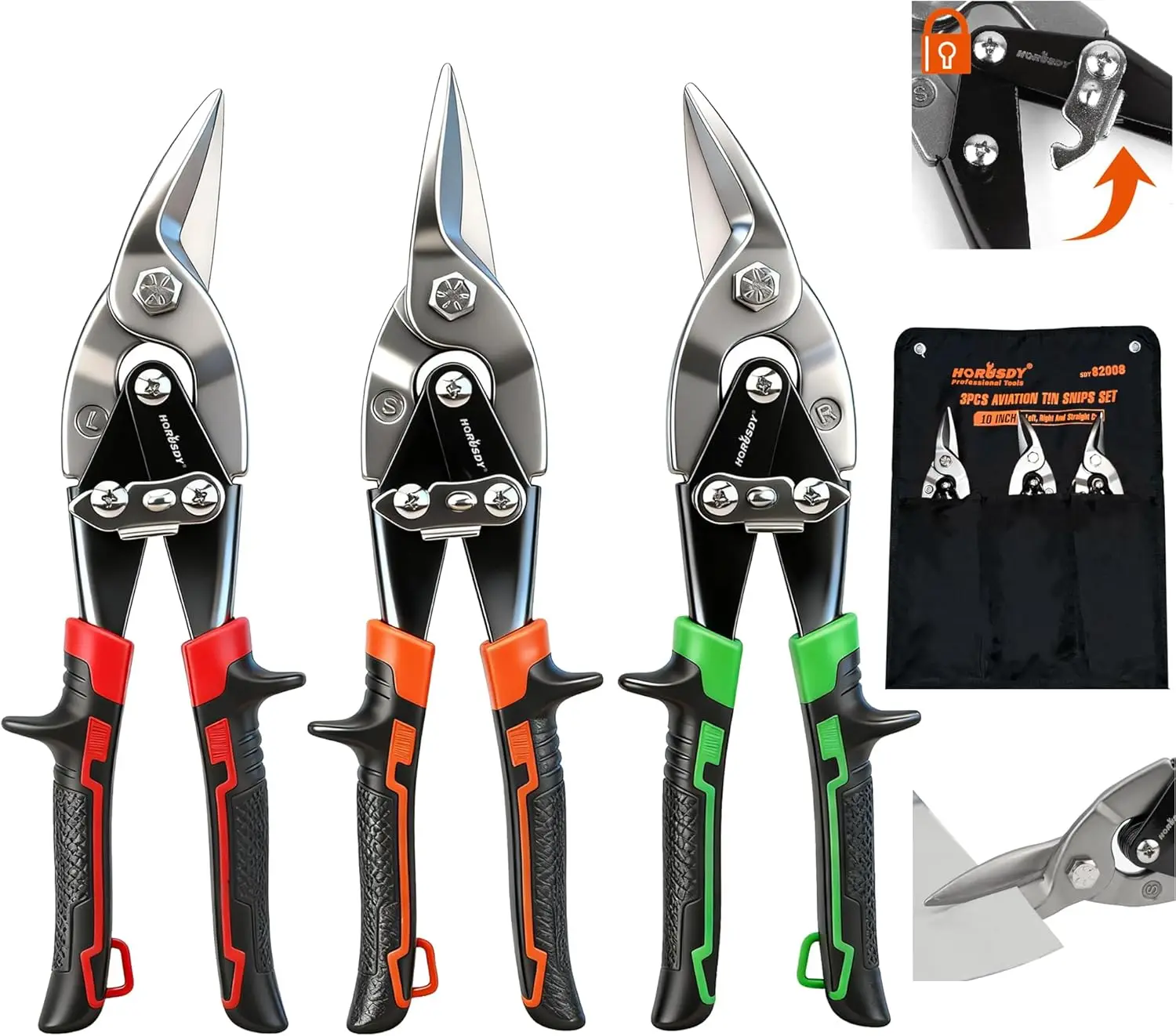 

3-Pack Aviation Tin Snips Set, 10 Inch Straight/Left/Right Cut for Sheet Metal, Chrome Vanadium Steel