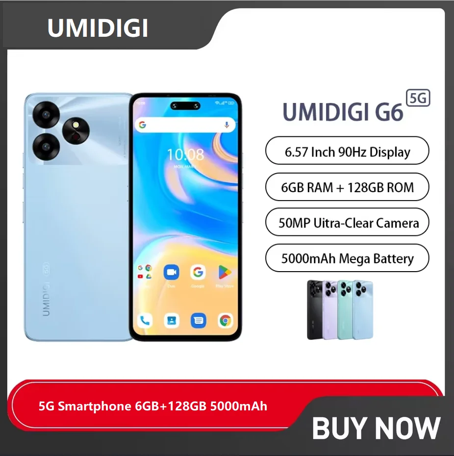 UMIDIGI-G6 Smartphone 5G ultra fino, 6,57 ", Octa Core, 6GB + 128GB, 5000mAh, 50MP, Ultra-Clear, Câmera dupla, Celular Android, NFC