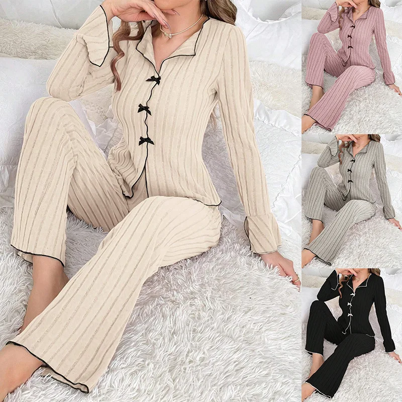 

Autumn and winter pajamas, women's lapel bow, fashionable and sexy long-sleeved shirts and long pants home wear set