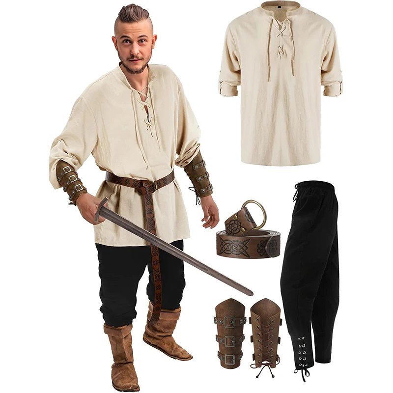 Jiuguva 4 Pcs Halloween Men\'s Renaissance Costume Set Medieval Pirate Shirt Ankle Banded Pants Viking Belt Accessories