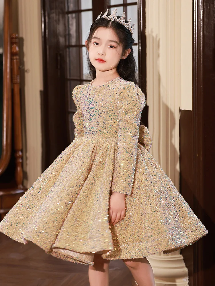 Vestido dourado de lantejoulas para meninas, vestidos de primeira comunhão, festa de aniversário, casamento, batismo, 3-14 anos