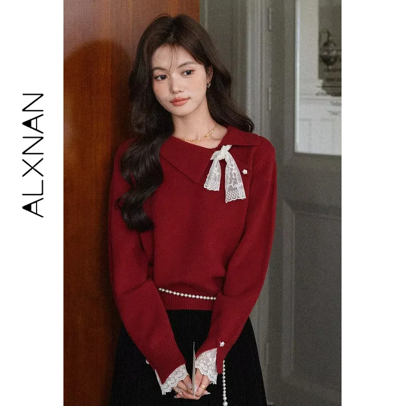 

ALXNAN Red Sweater Slant Collar Lace Stitching Long Sleeve Sweater 2025 Autumn New Casual Loose-fit Pullovers Ladies L57319-2