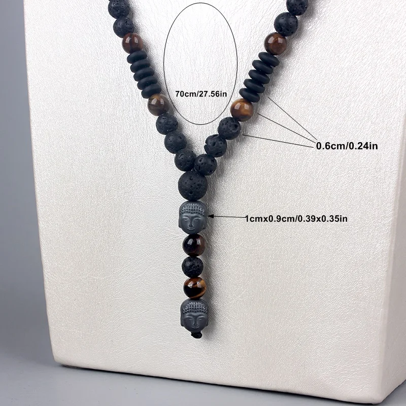 6mm Lava Stone Tiger-eye Beaded Necklace for Men and Women with Buddha Head Pendant