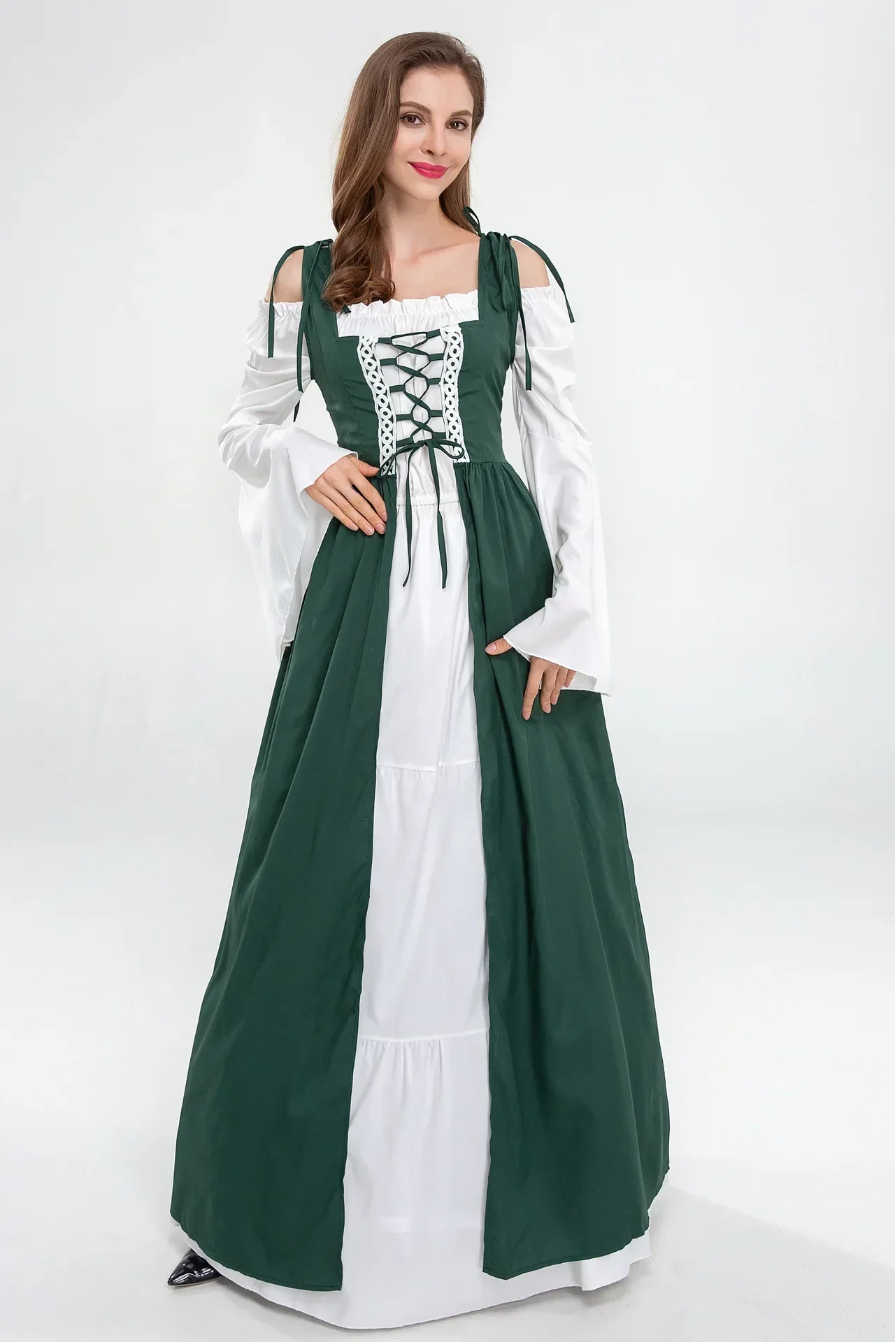 Women's European Medieval Retro Court Princess Cosplay Costume Long Dress Elegant Witch Square Collar Masquerade Halloween Wear