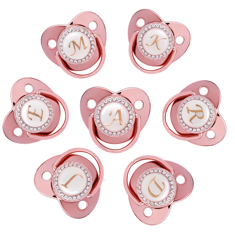 Nome letras iniciais chupeta do bebê recém-nascido silicone chupeta rosa ouro bling infantil mamilo bpa livre bebê chupeta manequim 0-24m