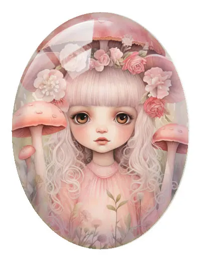 10pcs/lot Pink Flower Mushroom Girl Oval Photo Glass Cabochon Flatback Demo Flat Back Cameo For Diy Jewelry Making Supplies