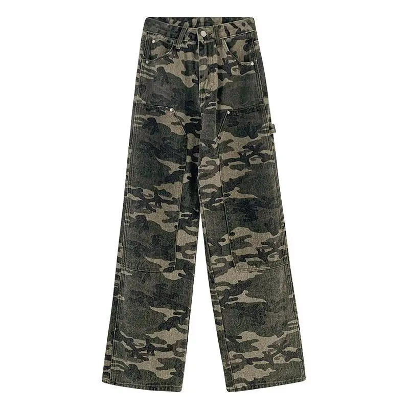 Hip Hop Vintage Women Camouflage Jeans Harajuku High Waist Loose Straight Trousers Korean Streetwear Fashion Cargo Denim Pants