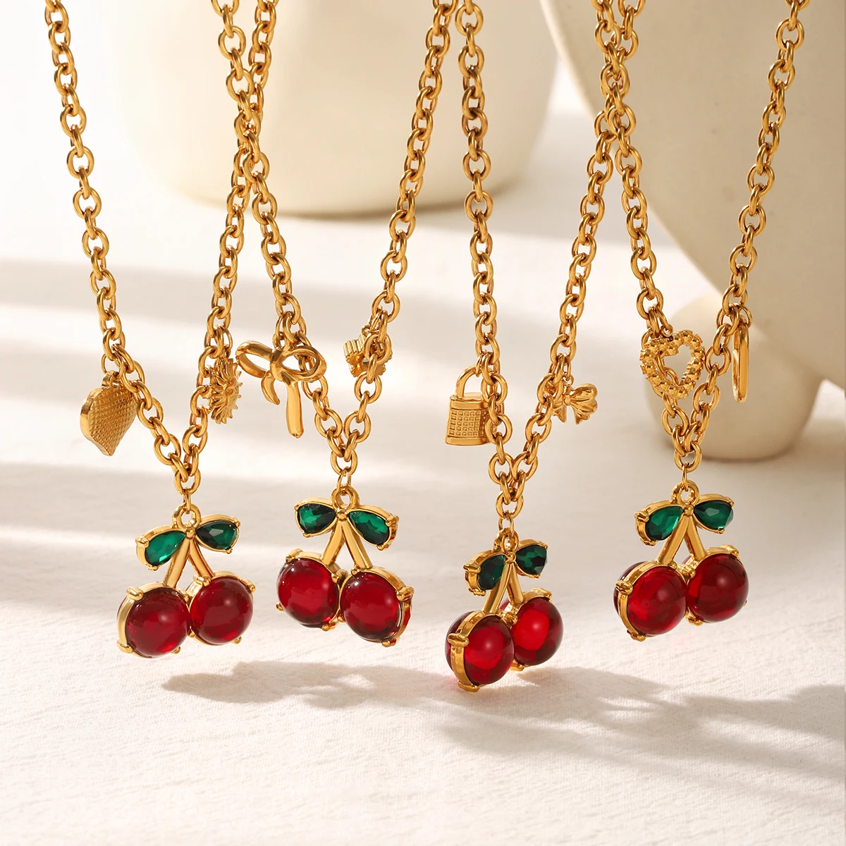 Huang Chao New Red Zircon Cherry Fruit Pendant Series Stainless Steel Heart Pendant Necklace Bow Accessory Holiday Gift