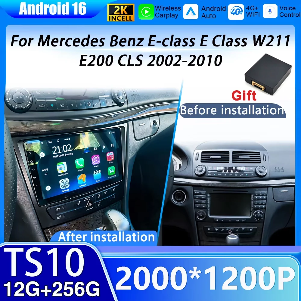 

Автомобильный радиоприемник Android 16 для Mercedes Benz E-class E Class W211 E200 CLS 2002-2010 Мультимедийный плеер Carplay GPS 5G Wi-Fi Дисплей процессора