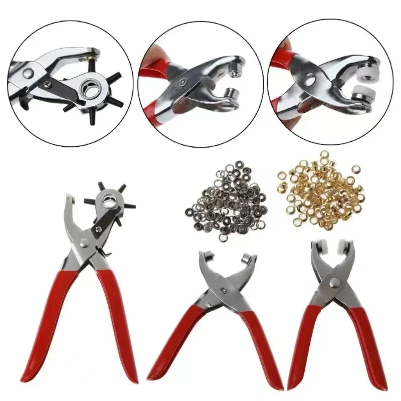 3 pezzi Punch plier set pinze perforatrici multifunzionali + punzone per cintura + morsetto per bottone a pressione/pinze per occhi per scarpe + 100 occhielli e 100 fibbie