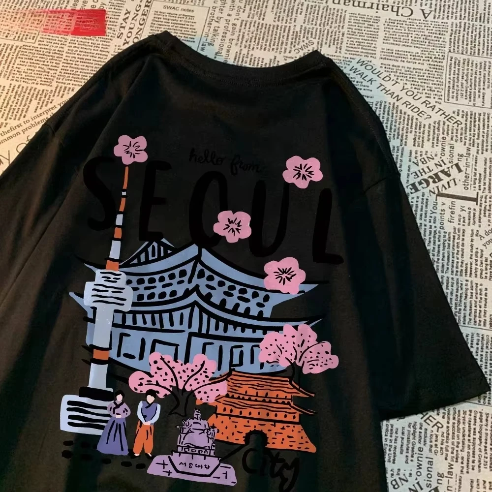 

Casual Women's T-shirt Seoul Beautiful Scenery Print Short Sleeve Round Neck Breathable Fashion Women's Clothing Harajuku Y2K