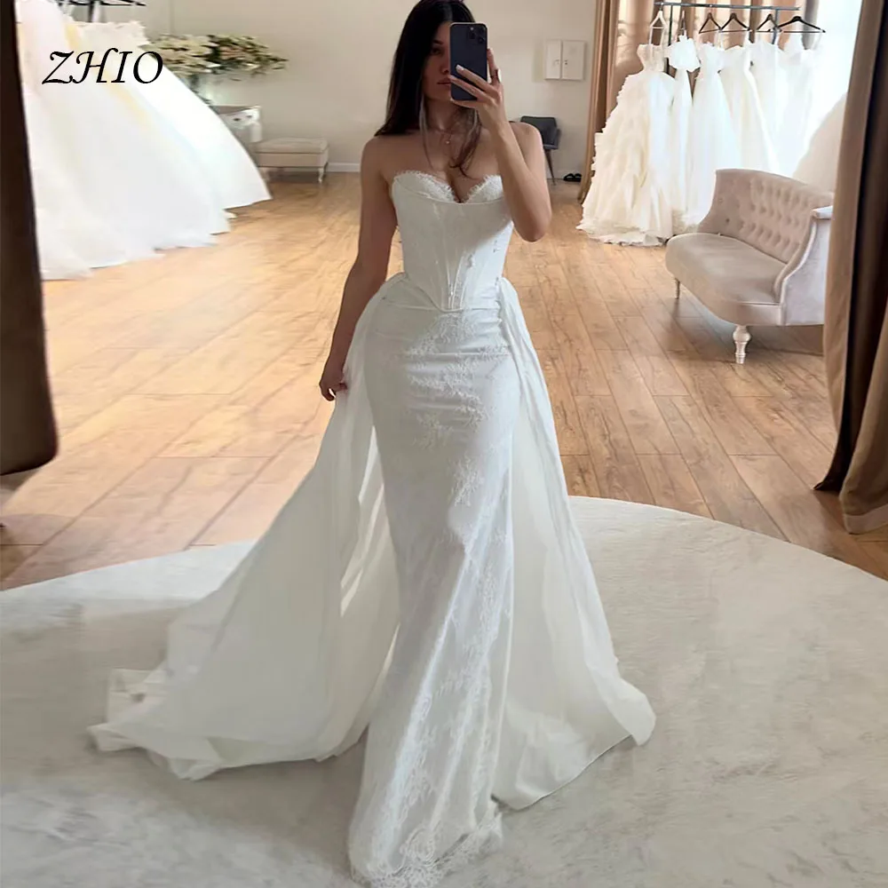 ZHIO-vestido De Novia De encaje De color marfil De lujo, escote en forma De corazón, sirena escalonada, tren desmontable, vestido De Novia clásico personalizado