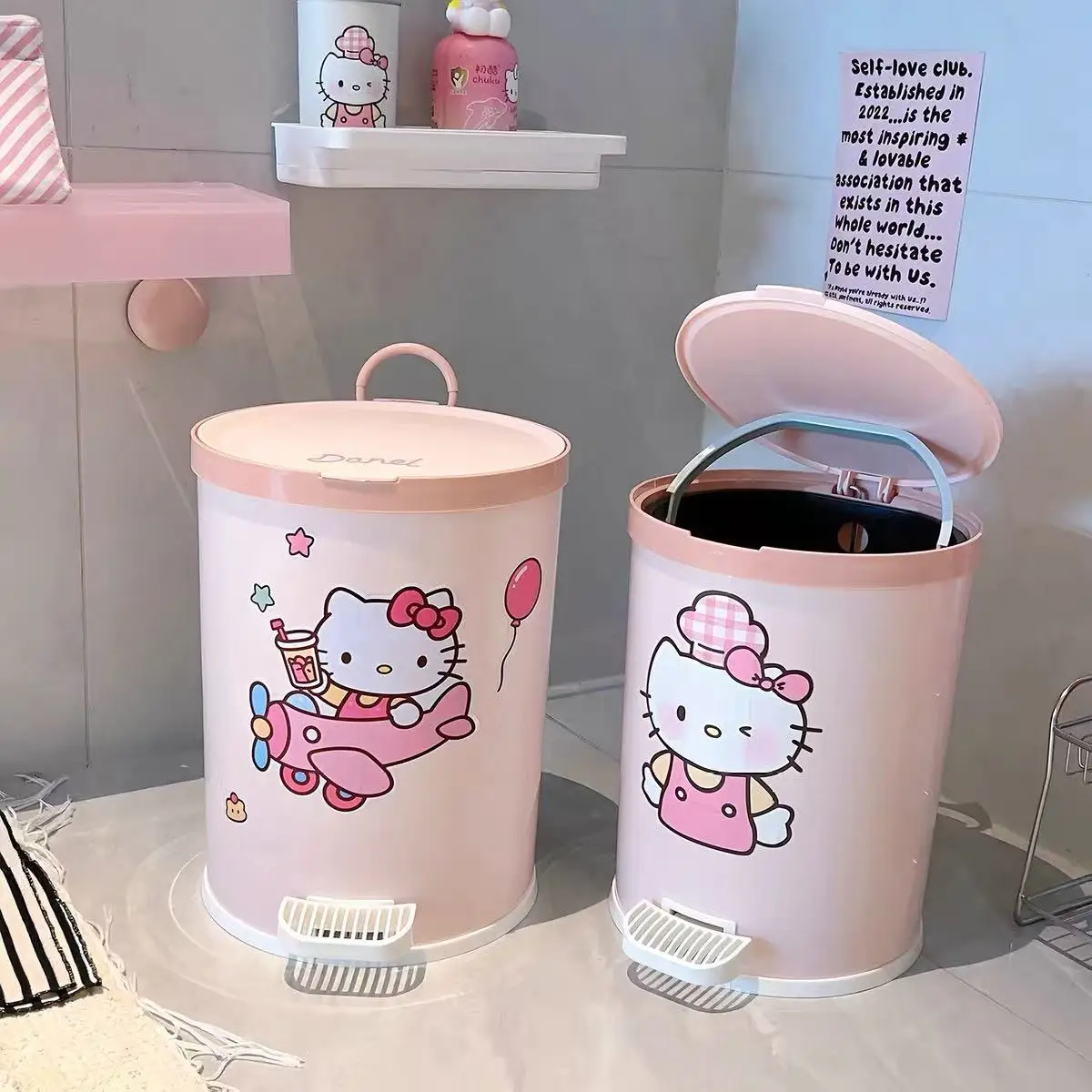 Sanrio HelloKitty MyMelody Silent StepOn Mülleimer mit Deckel, Haushalts- und Badezimmer-Abfallbehälter, Abfalleimer für Küche und Mädchenzimmer