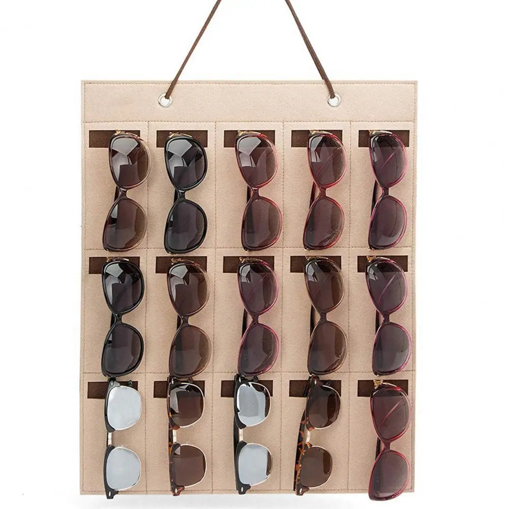 Felt 15 Grids Sunglasses Organizer Large Capacity Lanyard Foldable Multi-compartment Wall Hanging Eyeglass Display Bag