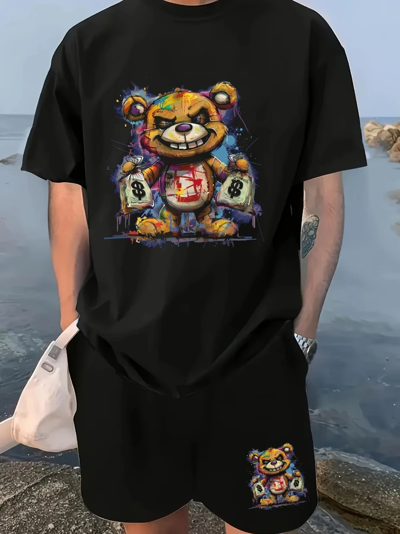

Men's 100% Cotton Summer Loose Size Cartoon Bear Pattern Print Slim Fit Casual Sports T-shirt Shorts Two-piece Set