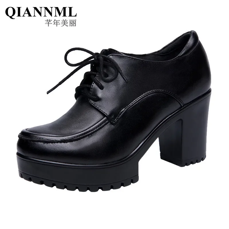 8cm Small Size 32-43 British Deep Mouth Thick Bottom Platform Pumps Winter 2024 Block High Heels Shoes Office Model Oxfords