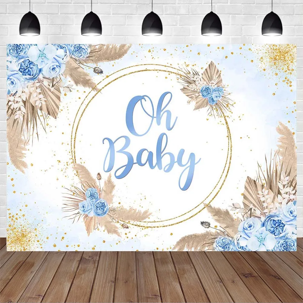 Mocsicka Oh Baby Shower Photo Background Blue Boho Flowers Pampas Grass Photography Backdrop Kids Boy Birthday Banner Customized