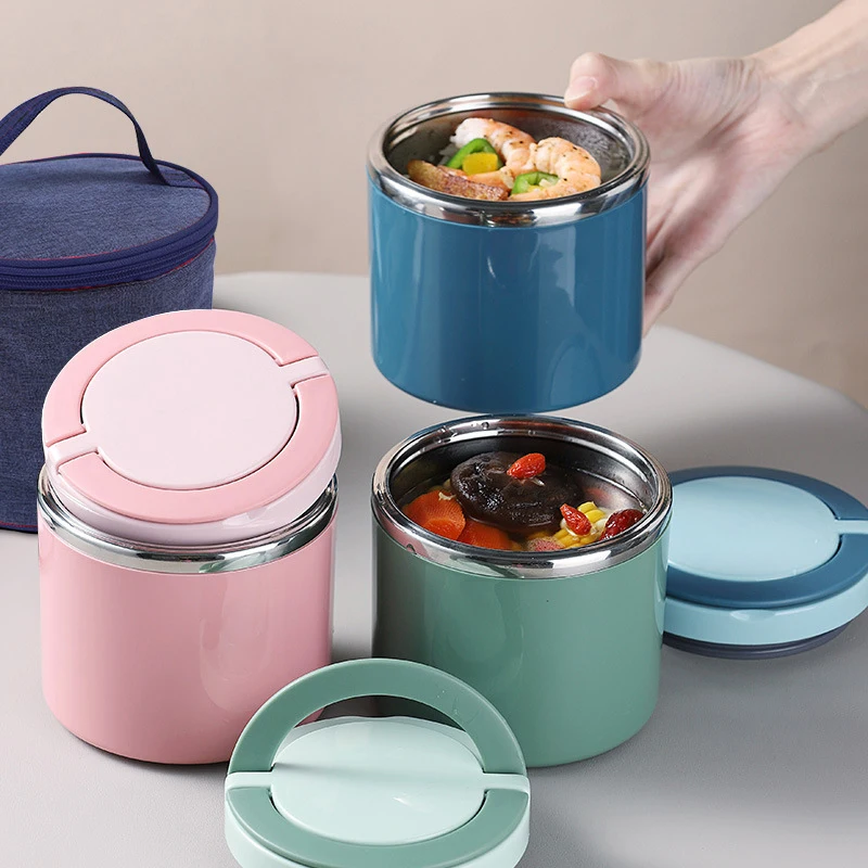 Auslaufsicher versiegelter Eimer für Studenten, mehrschichtige runde Bento-Box, tragbare Thermoskanne, isolierte Lunchboxen aus Edelstahl, Neu