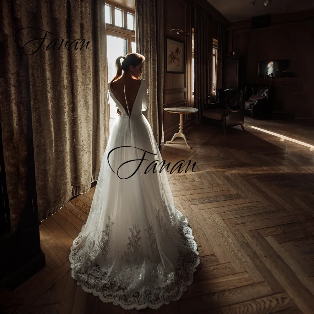 Vestido de novia de manga larga con cuello en V, con apliques de encaje, longitud hasta el suelo, elegante