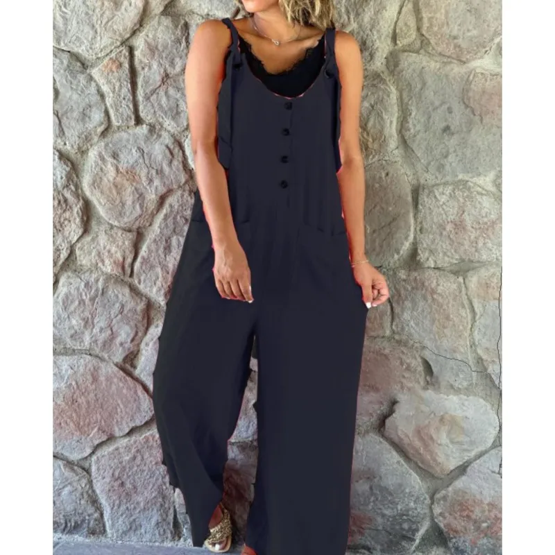 Elegant Solid Color Sleeveless Jumpsuit For Women Wide Leg Overalls Loose Commuting Style Sleeveless Trousers Woman Clothing New