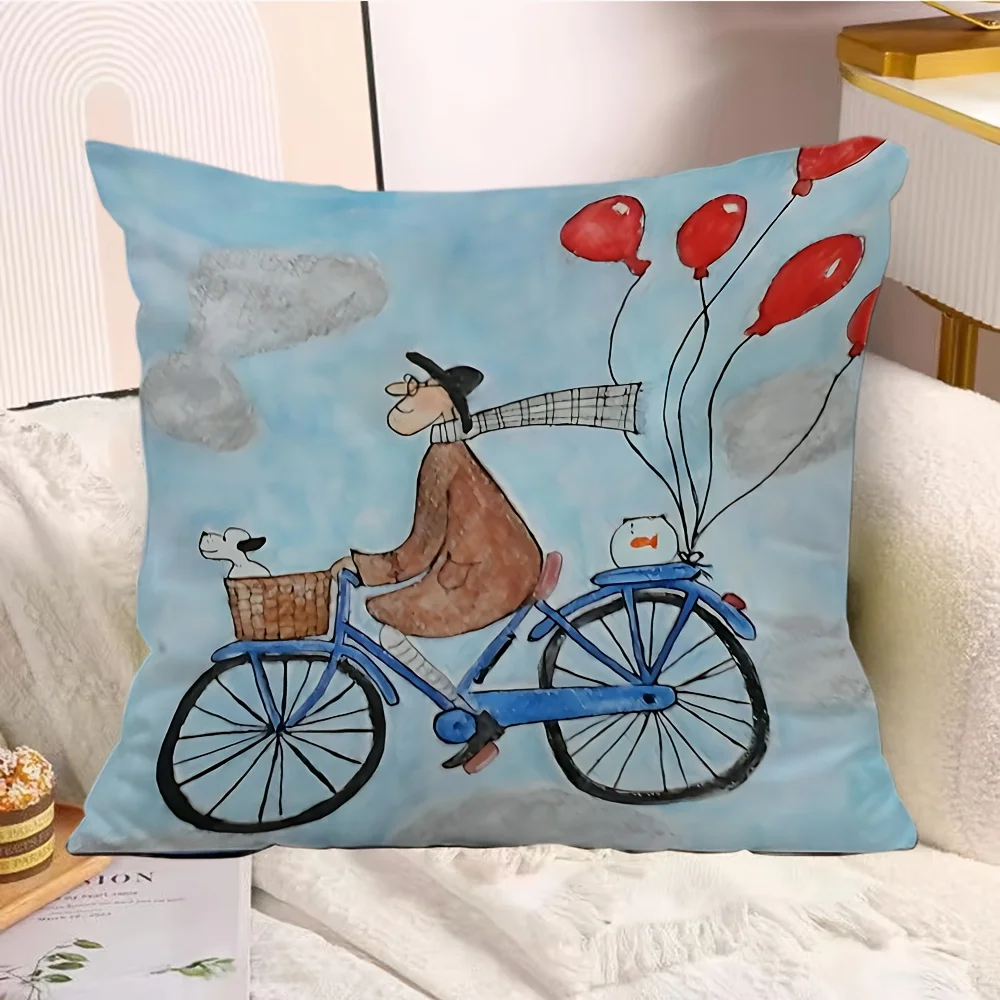 1pc Pillowcase, Vintage Bicycle Rider Design - Zipper Closure, Soft and Smooth Polyester Short Plush Fabric, Single-Sided Print, 17.72inch X 17.72inch, Suitable for Living Room and Bedroom Decor, Birthday or Housewarming Gift - Pillow Insert Not