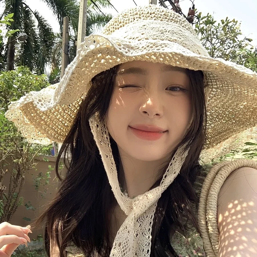 Women Fashion Extra Wide Brim Straw Hat Summer Breathable Lace Trim Sun Protection Beach Cap Uv Resistant For Seaside Vacation