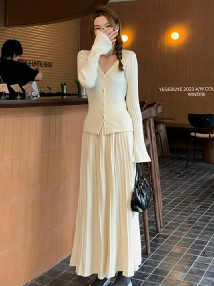 

New Autumn Korean Fashion Casual Knitted 2 Piece Set Women Sweater Cardigan Tops + Long Skirt Sets Female Sweet Two Piece Suits