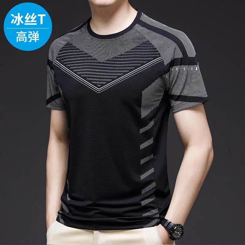 Men's Ice Silk Short Sleeve T-shirts Summer New Print Thin O-neck All-match Trend Sports Tops Tees Casual Fashion Men Clothing