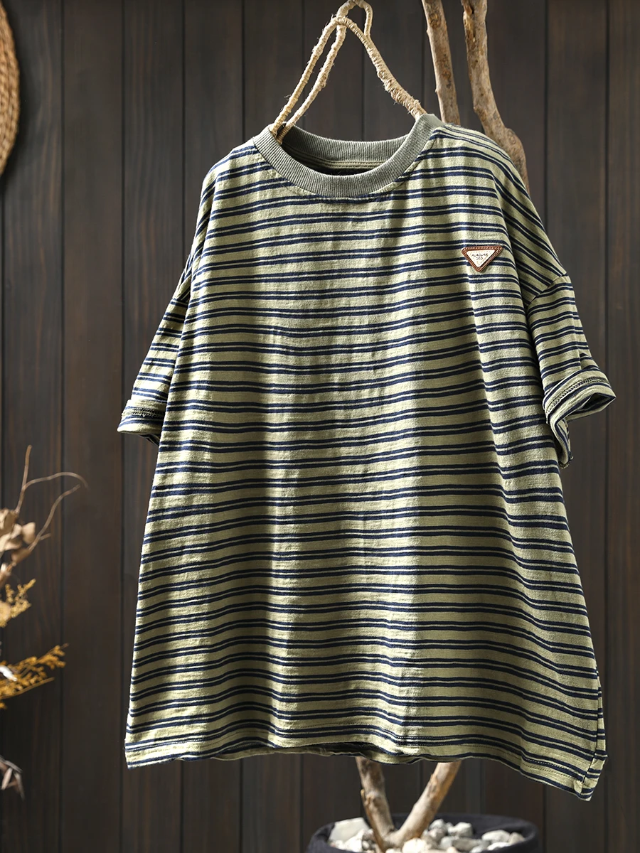 

Женская футболка в полоску из чистого хлопка, свободный крой, летний повседневный утягивающий топ средней длины больших размеров