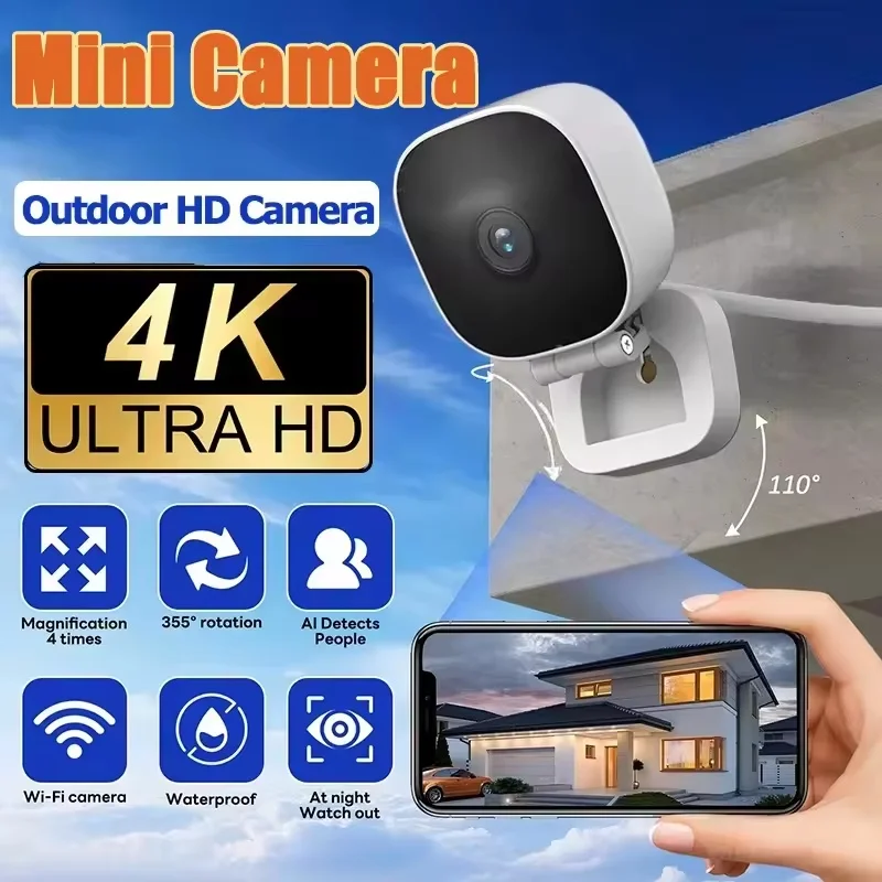 Intelligente Mini-4K-Sicherheitskamera mit Vollfarb-Nachtsicht, WLAN, IP65-Wasserschutz, Bewegungserkennung und Zwei-Wege-Audio für den Innen- und Außenbereich.