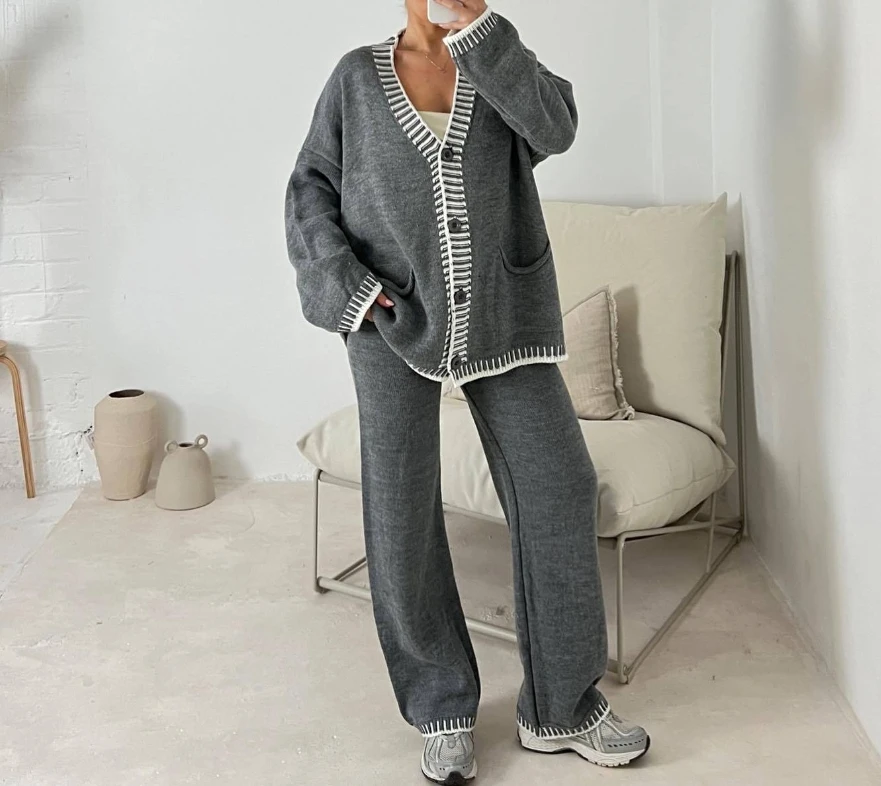 Women Two-piece Set 2024 Winter Casual Loose Knitted Contrast Paneled Single Breasted Long Sleeve Sweater Cardigan and Pants Set